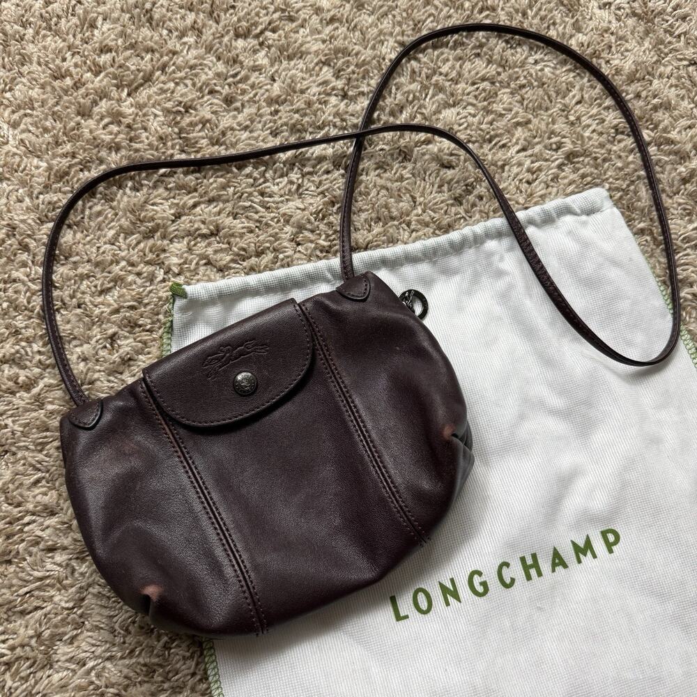 Vintage Longchamp Modele Depose Mini Brown Leather Shoulder Crossbody Bag Strap